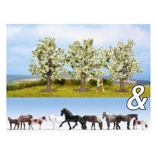 Arbres fleuris + chevaux  2 sets en 1 1/87 NOCH