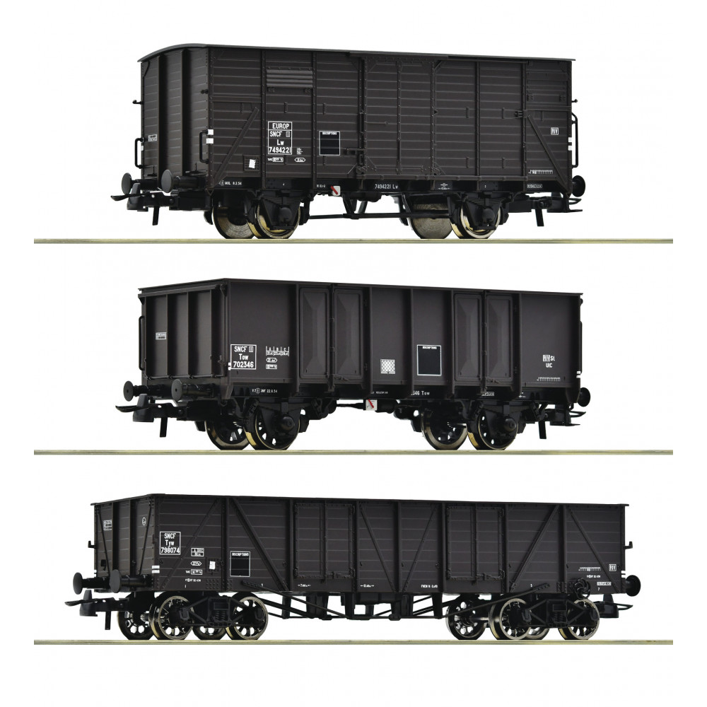 Wagons 3 marchandises tombereau couvert SNCF COFFRET HO 1/87 ROCO