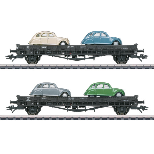 Coffret 2 Wagons plats essieux & Citroën 2CV 1/87 MARKLIN