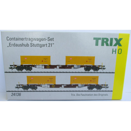 Coffret 2 u Wagons bogies porte-conteneurs & containers 1/87 TRIX