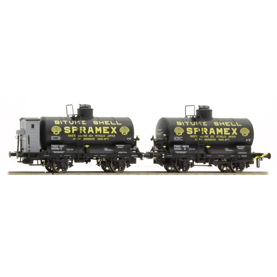 Coffret 2 Wagons Citernes essieux OCEM Bitume SHELL Spramex SNCF 1/87 LS Models