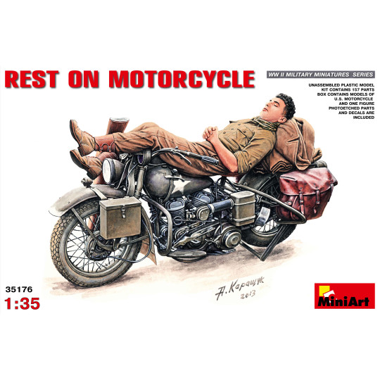 moto + figurine US Army WW2 "Repos sur la moto" maquette 1/35 MINIART