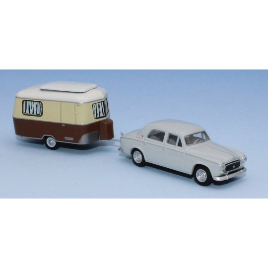 PEUGEOT 403 grise perle + caravane Eriba beige/ivoire 1/87 HO SAI