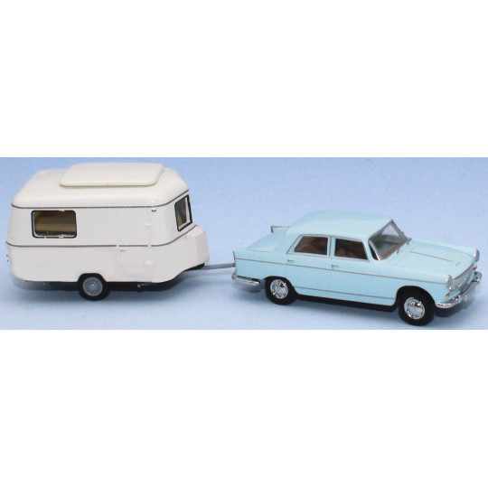 Peugeot 404, bleu pastel, avec caravane Eriba ivoire HO 1/87