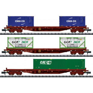 Coffret Set 3 wagons plats porte-conteneurs SNCF 1/160 N TRIX minitrix