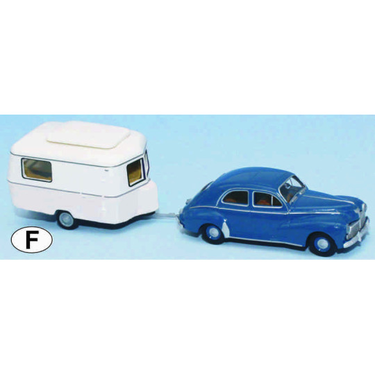 PEUGEOT 203 bleu azur + caravane Eriba ivoire HO 1/87 SAI