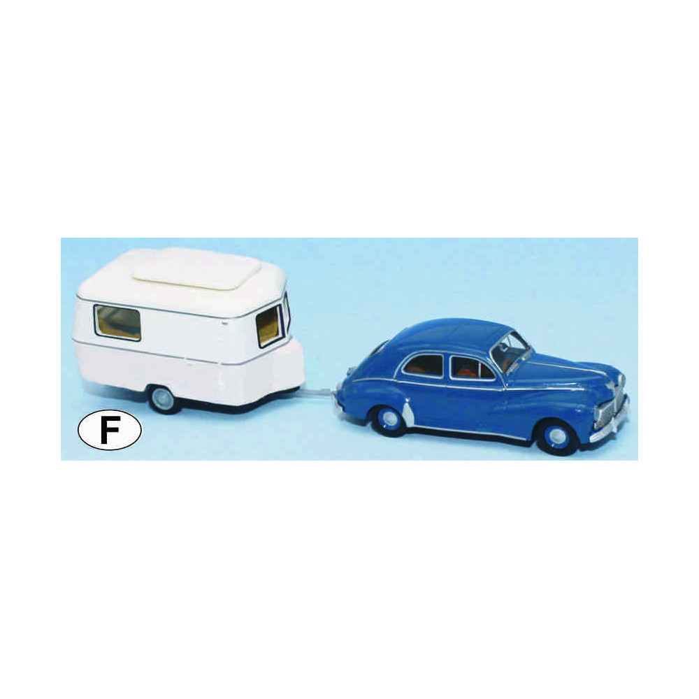 PEUGEOT 203 bleu azur + caravane Eriba ivoire HO 1/87 SAI