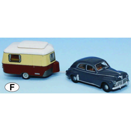 Peugeot 203, gris anthracite, avec caravane Eriba beige ivoire HO